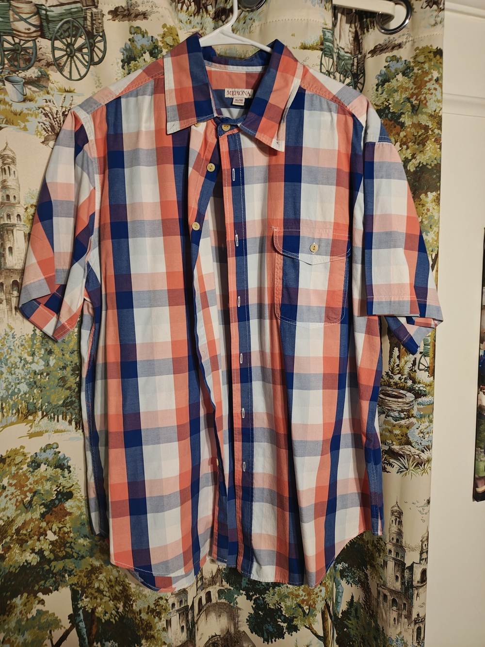 Merona Coral and Blue Plaid Short-Sleeve Button-Down Shirt